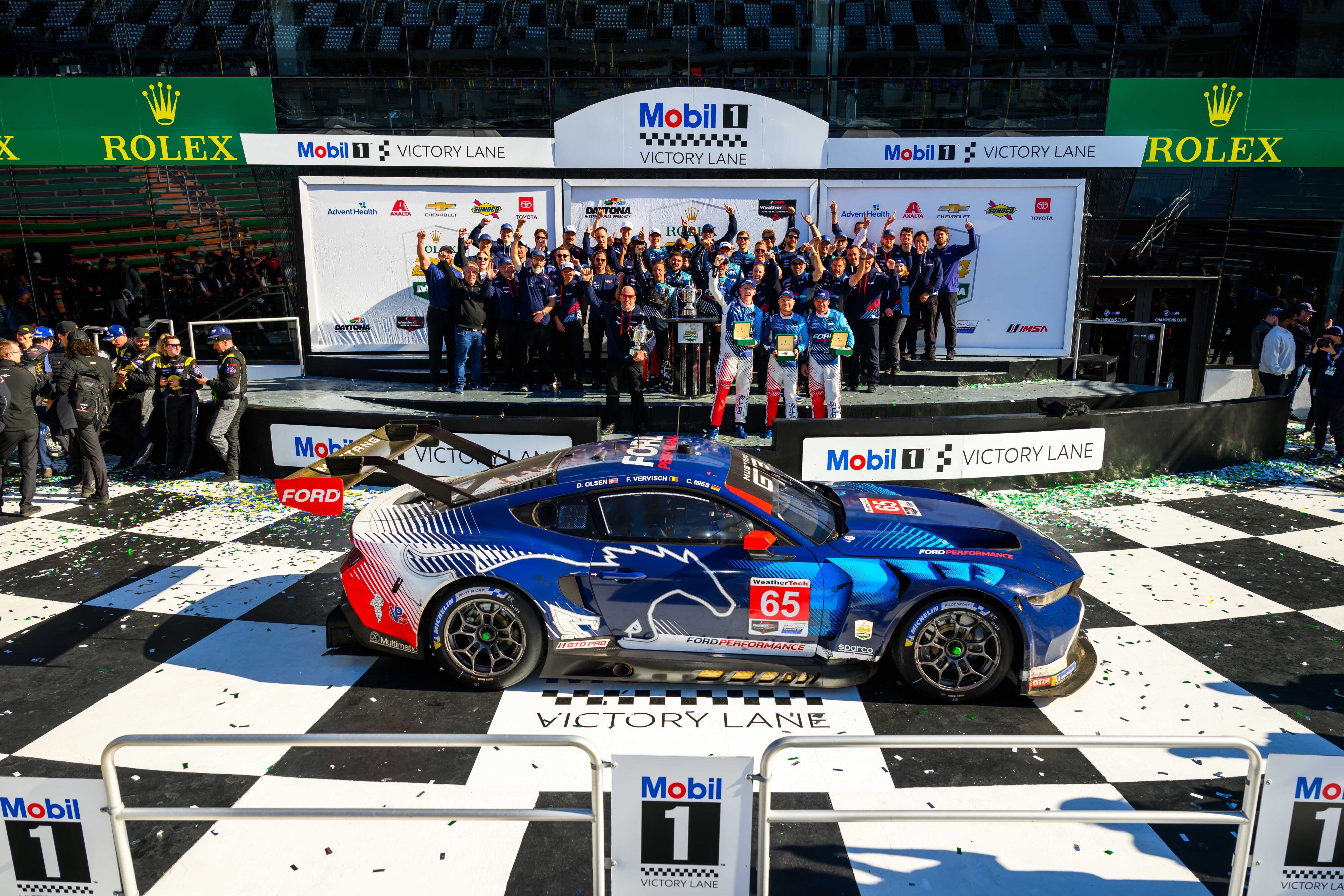 The #65 Ford Multimatic Motorsports Mustang GT3 winning the 2025 Rolex 24 at Daytona.